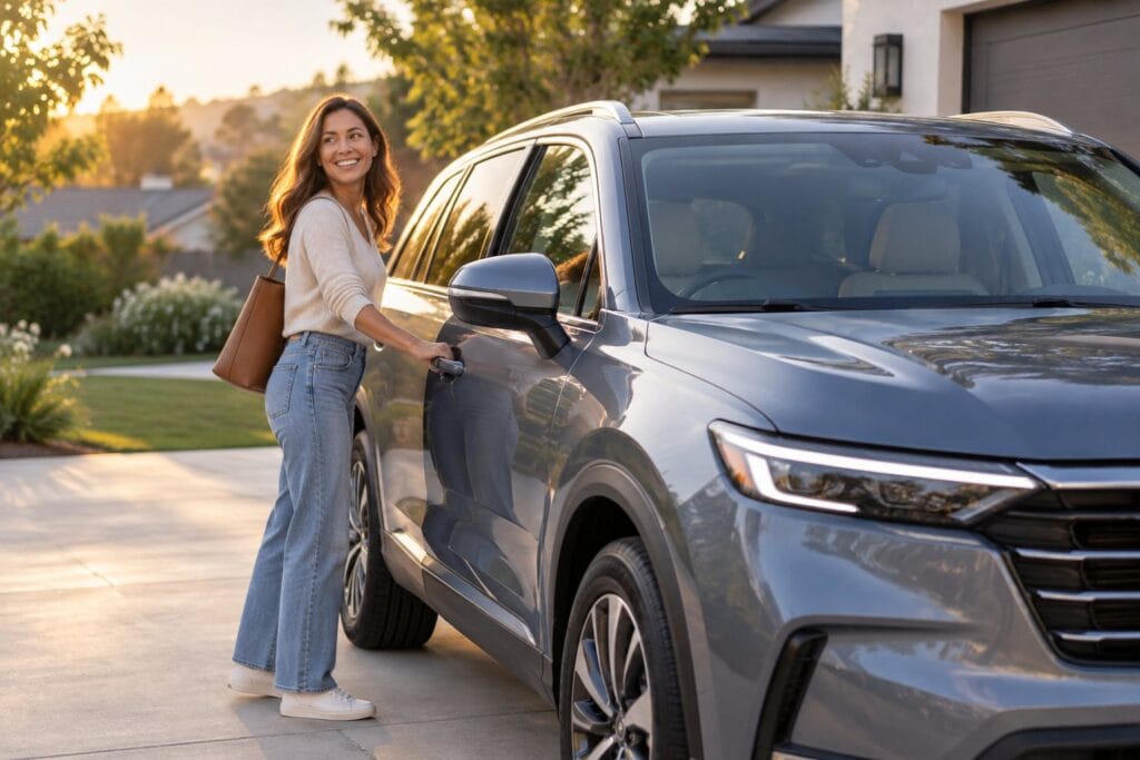 A woman opening the driver door of a family SUV in a driveway