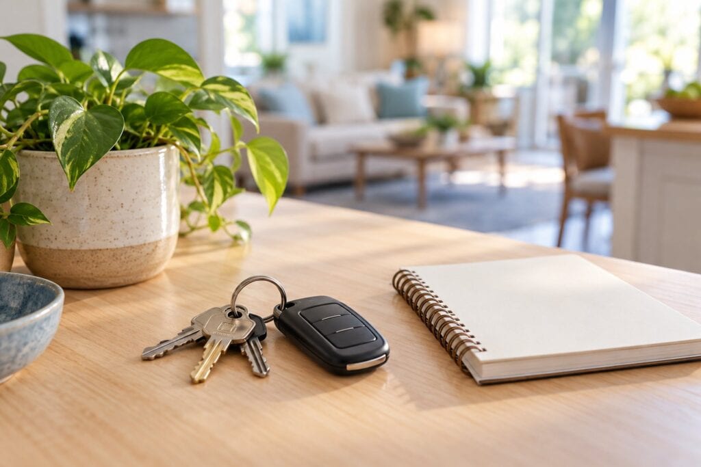 House keys and a car key fob on a kitchen counter