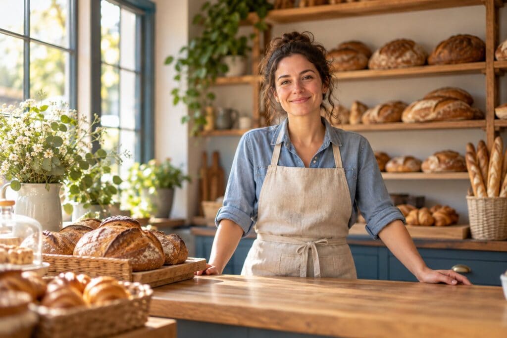 A bakery owner standing behind the counter of a neighborhood bakery