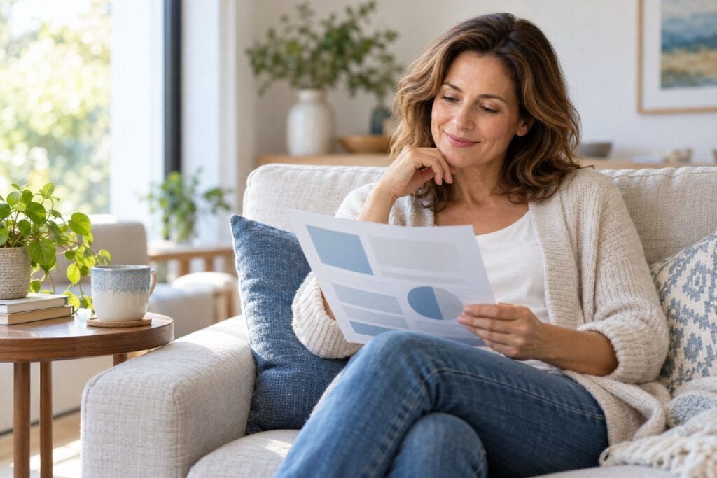 A woman reviewing a health plan summary on her sofa at home