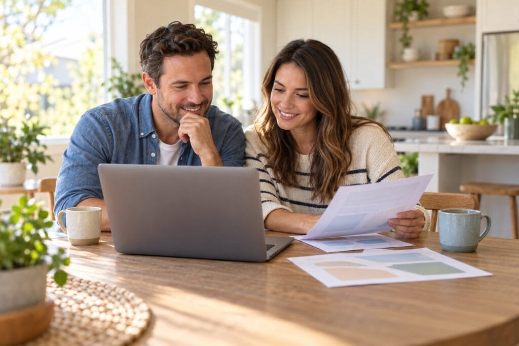 A couple at their kitchen table comparing insurance options on a laptop