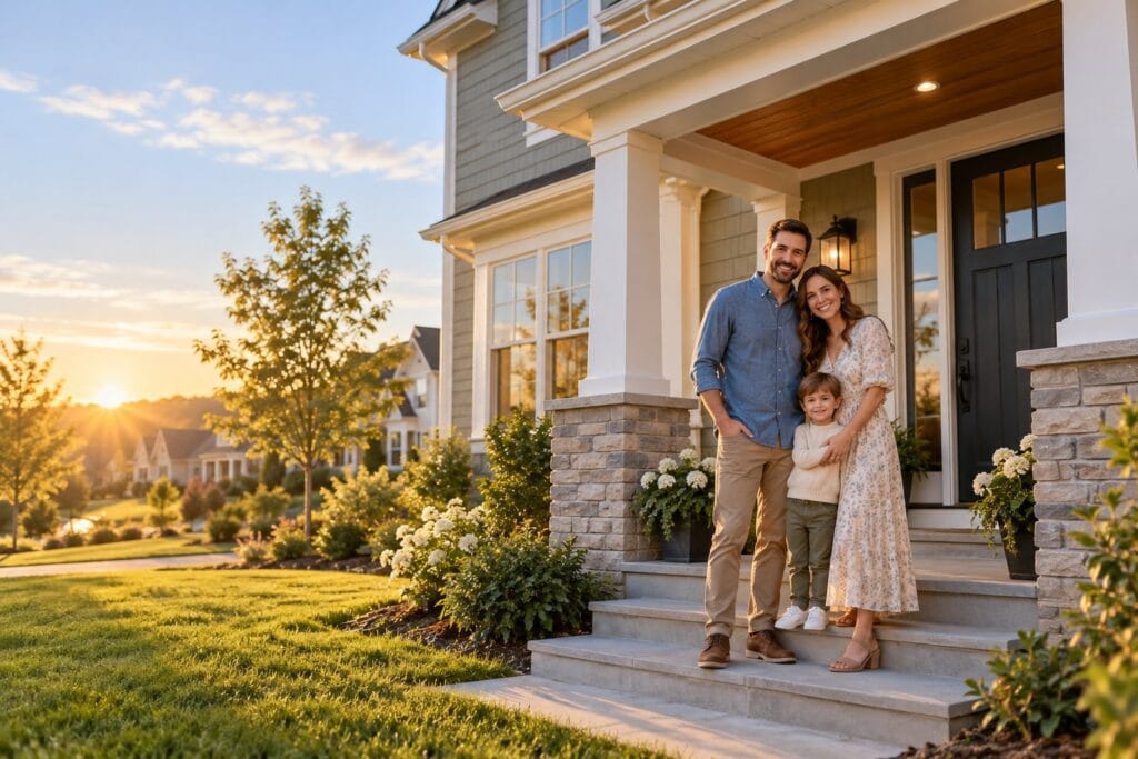 A young family on the front porch of a two-story suburban house