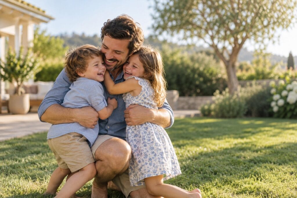 A father hugging his two young children in a sunny backyard