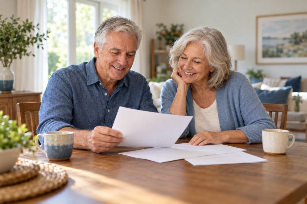 A couple in their late sixties going over paperwork together at home