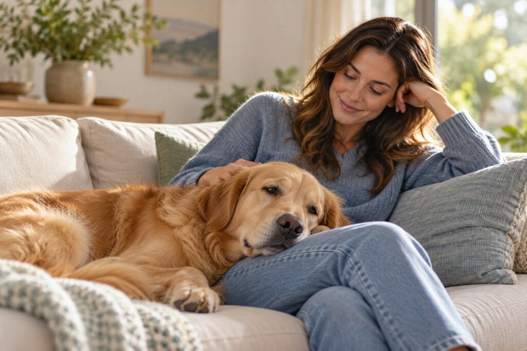 A woman relaxing on her sofa with her golden retriever