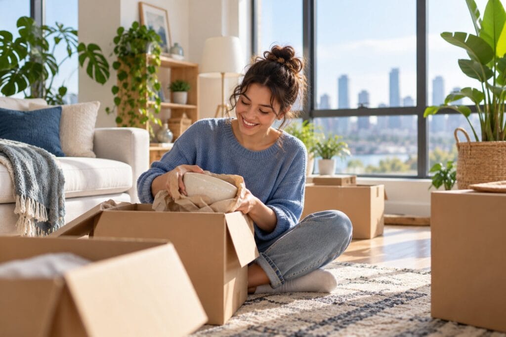 A young professional unpacking boxes in a bright apartment